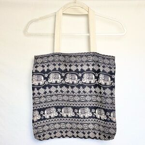 🐘 Boho Navy & White Elephant Eastern Print Zipper Closure Tote Bag Purse